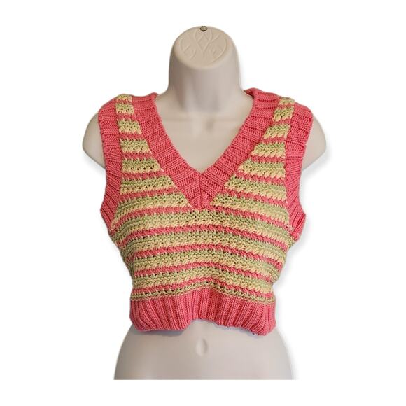Bershka Pastel Striped Knit Cropped Sweater Vest Pink and Green Y2K Style - Picture 2 of 6
